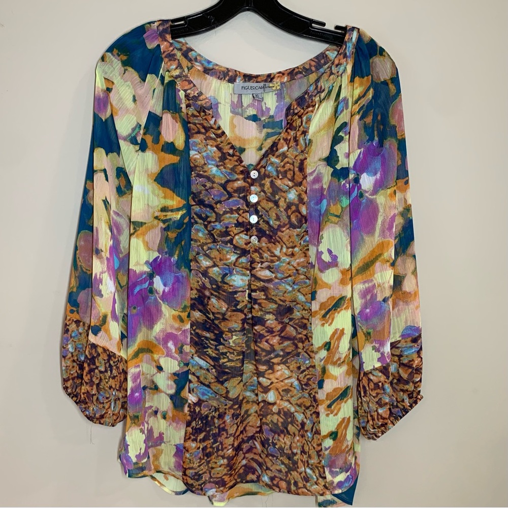 Figueroa and Flower Boho Mix Print Loose Top, Fall Colors, 3/4 Sleeves, XL, EUC
